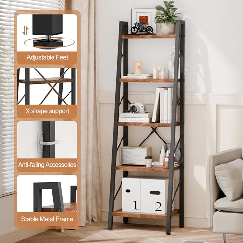Shintenchi 5 Tier Ladder Shelf, Freestanding Corner Storage Shelves with Adjustable Feet and Anti-Falling Kit, Industrial Bookcase for Living Room, Bedroom, and Home Office, Rustic Brown - size: 16.7'' W x 12'' D x 55.8'' H-no Drawer