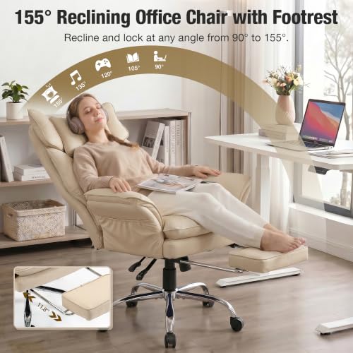 Executive Leather Criss Cross Office Chair with Foot Rest &Flip Arms | Big and Tall 155° Reclining Desk Chair with Wide Seat for Cross Legged Sitting for Home Office, PU Leather, 400LBS - color: Khaki