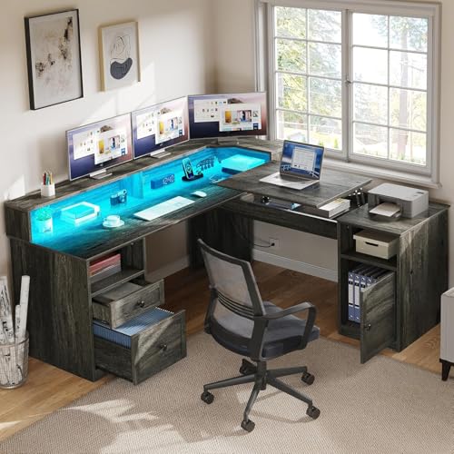 YITAHOME 60" L Shaped Lift Top Corner Desk with Power & LED, Grey