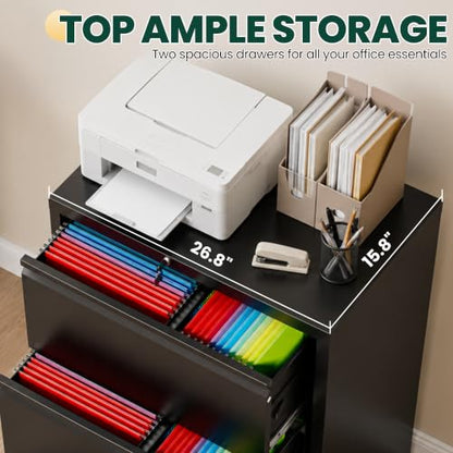 2 Drawer Lateral File Cabinet, 26.8"W Filing Cabinet for Home Office, Black | Heavy-Duty Steel Locking File Cabinet, Hanging Letter/Legal/A4 Size, Full-Extension Drawer, Assembly Required - color: Black, size: 2 Drawers (26.77 in Width)