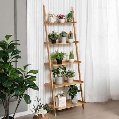 Tangkula 5-Tier Ladder Shelf Bookcase, Bamboo 72”H Wall-Leaning Bookshelf with Baffles and Anti-Tipping Kits, Plant Stand for Living Room Bathroom Home Office Decor, Ladder Bookshelf, Natural - size: 26" x 14.5" x 72" (L x W x H)