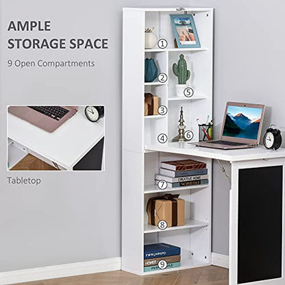 White Wall Mounted Folding Desk, Wood Compact Desk for Small Spaces | Hidden Computer Desk with Bookshelf & Storage, Foldable Murphy/Writing Table with A Blackboard for Bedroom Apartment - color: White.