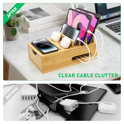 Bamboo Charging Station for Multiple Devices, Desktop Wood Charger Organizer with Drawer & Tray -Included 6 Cables, Compatible with Multi Devices, Cell Phone, Tablet, Earphones (No USB Charger)