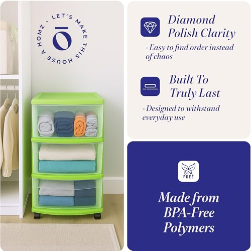 HOMZ Drawer Tower, 3-Tier Storage Cart with Removable Wheels, Lime, 2 Pack - color: Bold Lime, size: 2 Pack
