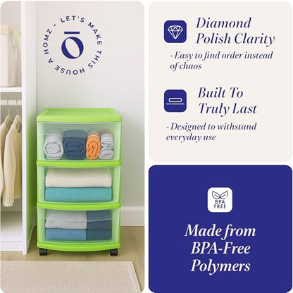HOMZ Drawer Tower, 3-Tier Storage Cart with Removable Wheels, Lime, 2 Pack - color: Bold Lime, size: 2 Pack