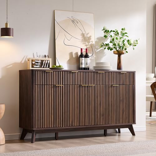 T4TREAM 60 Inch Fluted Buffet Sideboard Cabinet, Dark Walnut | Modern Coffee Bar Storage Cabinet With 3 Drawers & 4 Doors, for Dining Room, Living Room, Hallway, Adjustable shelves - color: Dark Walnut