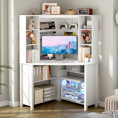 Corner Desk with Shelves-&LED Reading Light,Triangle Home Office Desk w/Charging Station for Work & Study,File Cabinet Storage Bookshelf for Small Space (White) - color: White