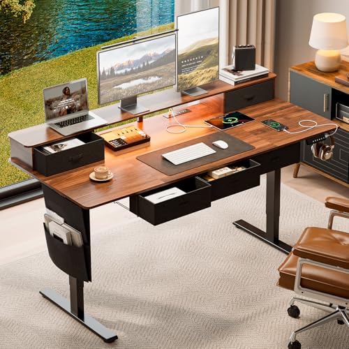 71x32 Inch Electric Standing Desk with 5 Drawers, Sit Stand Desk with Power Outlets, Monitor Shelf, LED Light and Cable Management, Height Adjustable 28.3-47.2 Inch for Home & Office, Walnut - color: Walnut, size: 71x32Inch