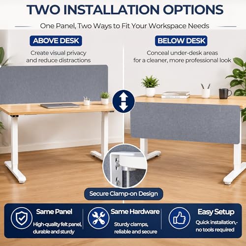Desk Privacy Panel, Gray Clamp-On Divider for Office & Home | No-Drill Clamp Mount,Under Desk,Polyester,Cable Routing Clearance,Pin-Friendly Felt Surface,48" x 18"