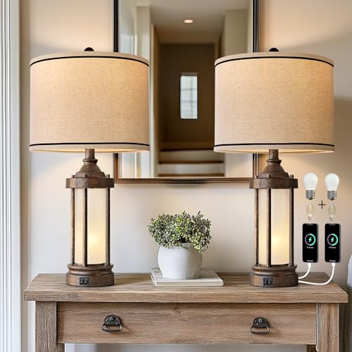 25'' Table Lamps Set of 2 for Living Room Bedroom Farmhouse Metal Lamps with 2 USB Ports, Built-In Frosted Glass Night Light Vintage Industrial Nightstand Bedside Lamp, 4 Bulbs Included, Bronze - color: Metal Bronze - Set of Two