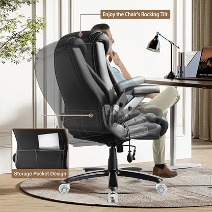 700lbs Leather Big and Tall Office Chair, Ergonomic Heavy Duty Executive Office Chair with 5D Flip Arms & Adjustable Lumbar Support & Dual Rubber Wheel, Large Thick Padded Extra Wide Seat, Black - color: Black