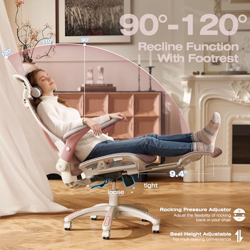 ELABEST X100 Ergonomic Mesh Office Chair with Footrest, Big and Tall Home Desk Chair with 5D Flip-Up Arms, Adjustable 3D Lumbar Support, Gaming & Executive Computer Chair (Peach Blossom) - color: Peach Blossom