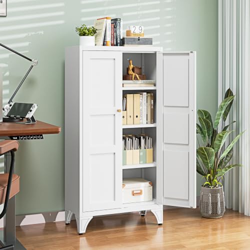 Letaya Metal Storage Cabinet with Doors and Shelves,47.3" H Bathroom Floor Kitchen Pantry Utility Cupboard Dining Home Office/Garage Organizers,White - color: White, size: 12" D x 24" W x 47.3" H