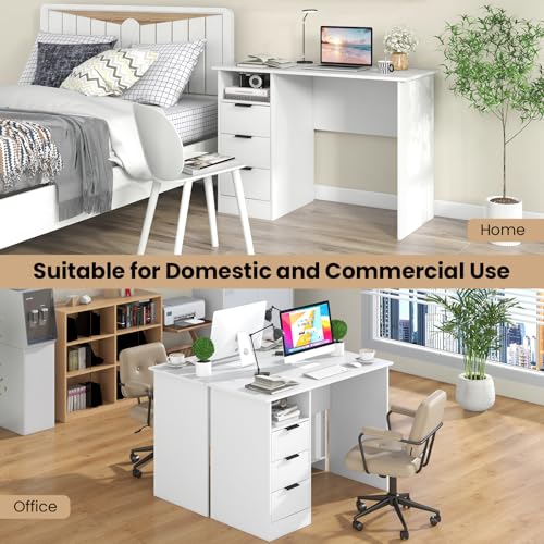 Tangkula White Desk with 3 Drawers & Charge Station, Home Office Desk with Open Shelf, Study Writing Desk, PC Desk Computer Workstation, Modern Computer Desk for Bedroom, Study - size: 42.5" x 19"