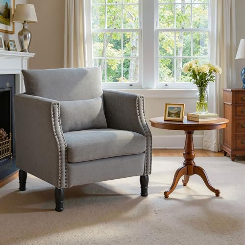 Grey Accent Chairs Set of 1, Upholstered Side Armchairs for Small Spaces | Linen Material, Removable Lumbar Pillows, Comfortable Cushion Support, Suitable for Living Room, Apartment, Waiting Room - color: Grey, size: Set of 1