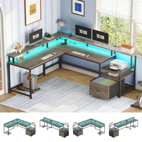 SEDETA 66" Reversible L Shaped Computer Desk with Power Outlet, File Drawer | Home Office Desk with Monitor Shelf, Storage Shelves, LED Lights for Corner Small Spaces, Gaming, Walnut - color: Walnut
