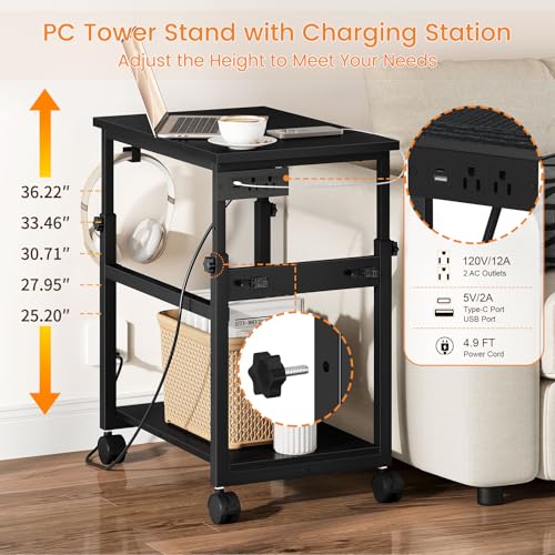 Snughome Extra-Large Computer Tower Stand with Charging Station, Adjustable PC Tower Stand for Floor 25.2"-36.2", Mobile Rolling CPU Holder Cart with Locking Wheels for Gaming Office Home - size: 23.62''L × 15.75''W × 36.22''H