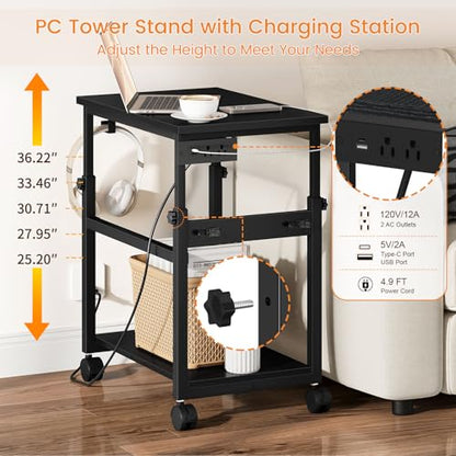 Snughome Extra-Large Computer Tower Stand with Charging Station, Adjustable PC Tower Stand for Floor 25.2"-36.2", Mobile Rolling CPU Holder Cart with Locking Wheels for Gaming Office Home - size: 23.62''L × 15.75''W × 36.22''H