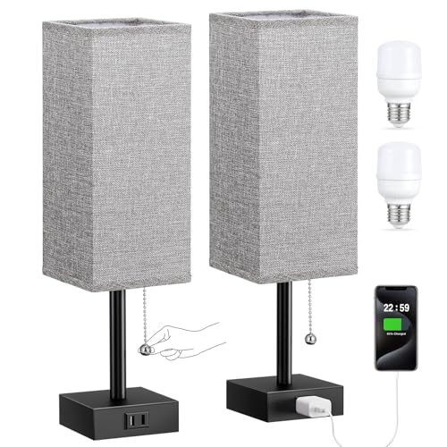 Bedside Lamp for Bedroom Set of 2 - Grey Table Lamp for Nightstand | AC Outlet, 3 Color Temperatures, LED Bulb Included, Pull Chain Design, 14" Rectangular Desk Lamp for Dorm/Office, 2-Pack - color: Grey & Black, size: 14.3In