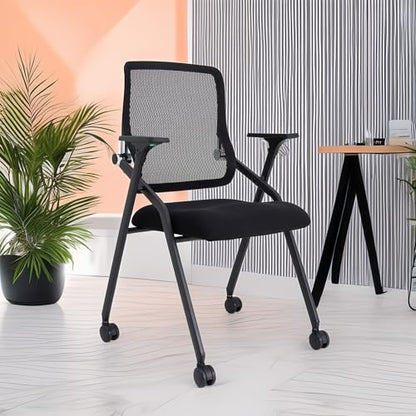 Updated Conference Room Chairs, Folding Office Desk Chair with Lumbar Support and Sliding Armrest with Casters, Stackable Office Guest Chairs & Reception Chairs, 6 Pack Black - color: Black, size: 6 Pack