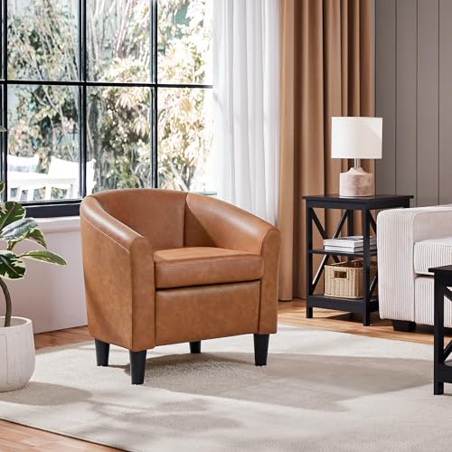 Topeakmart Faux Leather Accent Chair, 300 lb Cap, Brown | PU Leather Barrel Chairs, U-shaped Backrest, Foam Seat, 18" Seat Height, Solid Wood Legs - color: Brown, size: Set of 1
