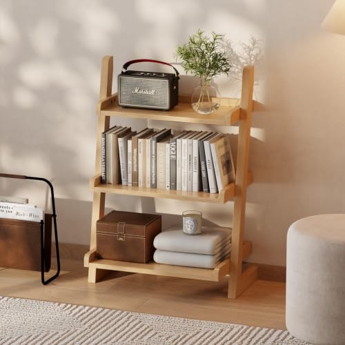 AQIMUELE Solid Wood Ladder Shelf, Leaning Bookshelf, Natural, 3-Tier - color: Natural, size: 3-Tier