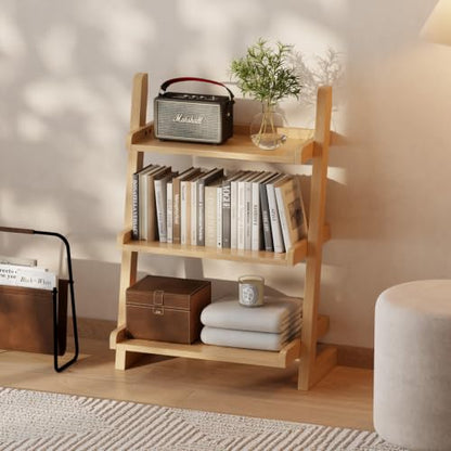 AQIMUELE Solid Wood Ladder Shelf, Leaning Bookshelf, Natural, 3-Tier - color: Natural, size: 3-Tier