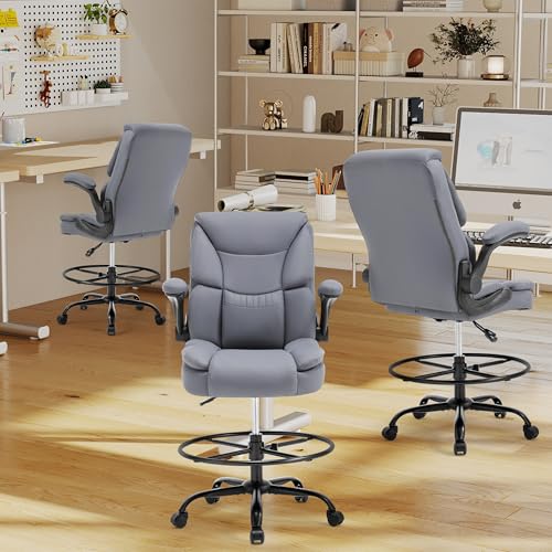 500LBS Drafting Chair, High Back Safer Standing Desk Chair, Executive Tall Office Chair with Flip-up Armrests, Upholstered PU Leather Task Chair, Ergonomic Seat with Adjustable Height&Foot Ring, Grey - color: Grey