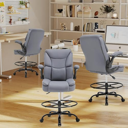 500LBS Drafting Chair, High Back Safer Standing Desk Chair, Executive Tall Office Chair with Flip-up Armrests, Upholstered PU Leather Task Chair, Ergonomic Seat with Adjustable Height&Foot Ring, Grey - color: Grey