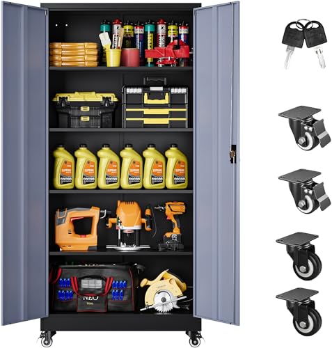 75" Tall Metal Storage Cabinet with Wheels,Rolling Garage Storage Cabinet with Lock,Gray Metal Cabinets with Wheels and Shelves,Tall Tool Cabinets on Wheel for Garage,Home,Office,Shop - color: Black Gray, size: 75"H x 31.5"W x 16"D