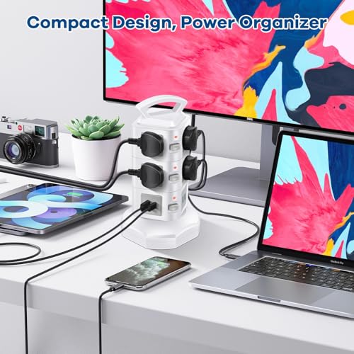 10-Outlet Power Strip USB C 20W Surge Protector | Retractable Extension Cord with 4 USB Ports | Desk Organizer Plug Outlet Extender | Charging Tower for Cell Phone, Computer, Electronic, Home, Office