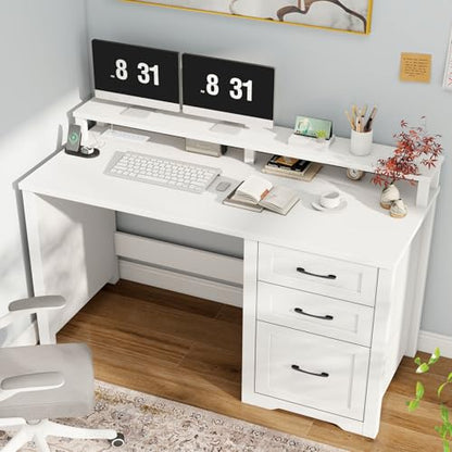 Vabches 47" Farmhouse Executive Desk with 3 Drawers and LED Lights, White - color: White, size: 3 Drawers & Monitor Stand