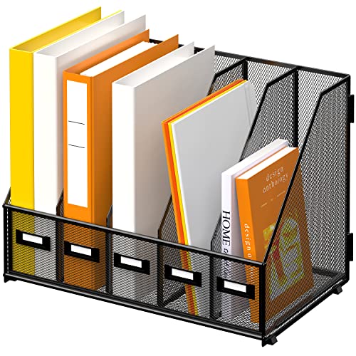 DALTACK 5-Slot Magazine File Holder, Metal Binder Holder, Black | Iron Mesh Construction, Labeled Sections for Easy Sorting, Anti-Slip Feet, Binder and Folder Storage for Office, Classroom - color: Black, size: 5Rack
