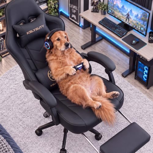 Desk Computer Gaming Chair - High Back Ergonomic Office Chair with Footrest and Lumbar Support, Swivel Comfy Home Gamer Video Game Chairs with Pocket Spring Cushion for Adults (Black Leather) - color: Classic Black Leather