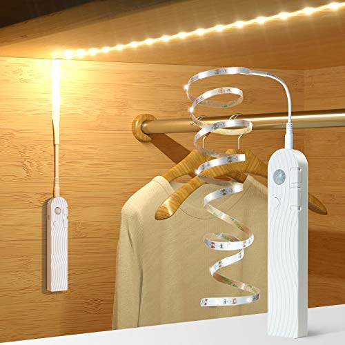 Sensky Motion Sensor LED Strip Lights Rechargeable Motion Activated Light Strip Dimmable Cabinet Strip Lighting for Wardrobe, Gun Safe, Cabinet, Pantry, Closet (1M, Warm White) - color: 3000K Warm White, size: 1m White Sensor
