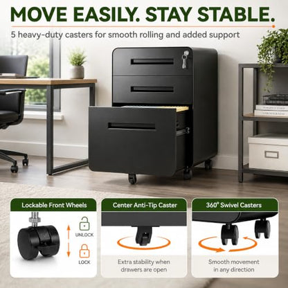 SAWJEC 3 Drawer File Cabinet with Lock, Fully Assembled Mobile Cabinet - color: 02l-black