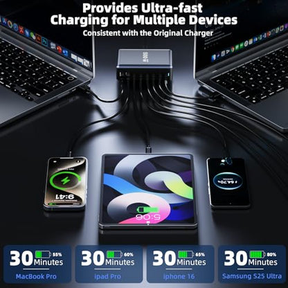 500W Fast Charging 8 Port USB C Charger Block with Nylon Fast Charging Cable, Multi-Device Charging Station Wall Desktop Charger with GaN Ⅲ Technology, USB-C Charger Adapter for MacBook/iPad/iPhone 17 - size: 500W+240W Fast Charging Cable Braided Nylon