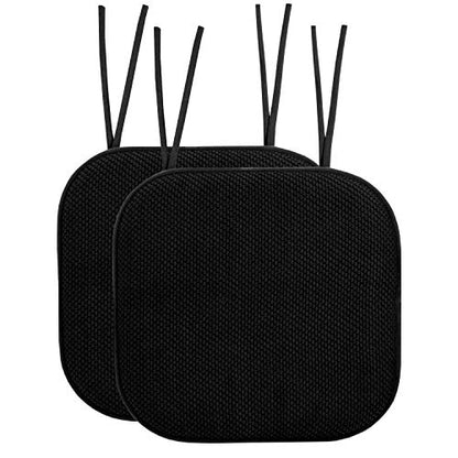 Sweet Home Collection Chair Cushion Memory Foam Pads with Ties Honeycomb Pattern Slip Non Skid Rubber Back Rounded Square 16" x 16" Seat Cover, 2 Pack, Black - color: Black, size: 2 Count (Pack of 1)