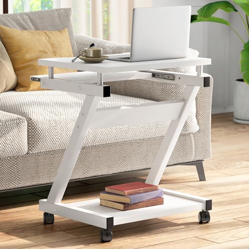 sogesfurniture Mobile Compact Computer Desk Cart for Small Spaces | Portable Computer Desk, Small Rolling Work Workstation for Home and Office with Printer Shelf, Keyboard Drawers,White - color: White