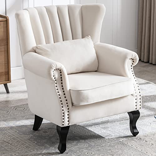 LZAREAL Accent Reading Arm Chairs Midcentury Modern Comfy Corner Sofa Chair, Wingback Waiting Room Club Chair with Tufted Back for Living Room/Bedroom/Reception Room, Velvet Cream - color: Cream, size: 1 Chair