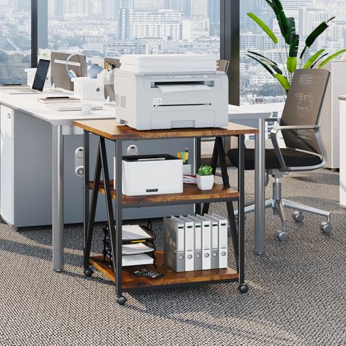 Arbuxzuy 3-Tier Printer Stand, Large Printer Table with Storage, Industrial Printer Storage Cart with Wheels, Rolling Printer Stand for Heat Press Scanner Fax, Brown - color: Brown