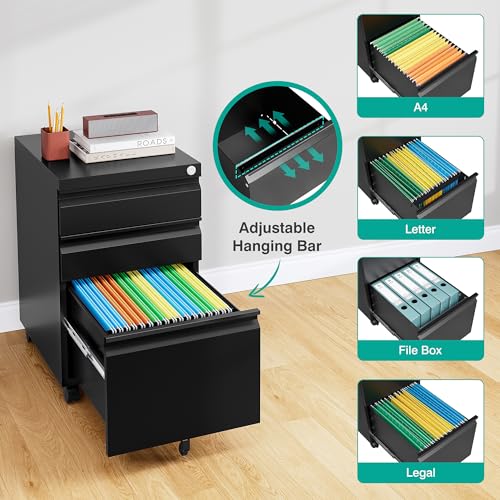 3 Drawer File Cabinet with Lock,Under Desk File Cabinet with Wheels,Black Rolling Filing Cabinets,Three Drawer Metal Filing Cabinet for Home Office,Fit A4/Letter/Legal File,- Assembly Required - color: Black, style: Assembly Required