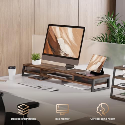 Fenge Dual Monitor Stand Riser, 42.5in Desk Shelf with 2 Drawers, Brown - color: Brown