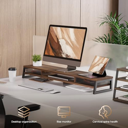 Fenge Dual Monitor Stand Riser, 42.5in Desk Shelf with 2 Drawers, Brown - color: Brown