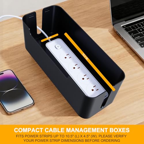 Eichzer Cable Management Box with Lid, Three Entry/Exit Slots, Black | Large Cord Organizer, Plastic Power Strip Cover, Hide Surge Protector on Desk & Floor, for TV Computer Home Router Office