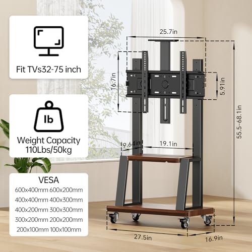 Mobile TV Stand on Wheels for 32-75 Inch TVs | With Top Projector tray& 2-Tier Storage Height Adjustable Heavy-Duty Holds up to 180lbs,Max VESA 600 * 400mm - color: Black