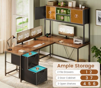SEDETA Reversible Farmhouse L Shaped Office Desk with Drawer, Hutch - color: Brown