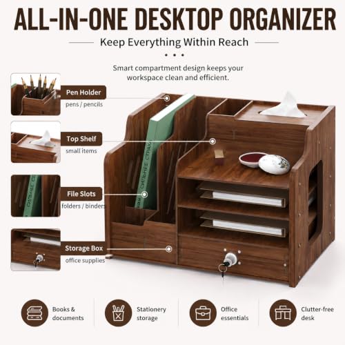Desktop Organizer with Lockable Drawer and Keys, Desk Shelf with Tissue Box, Dual File Holders & 3-Tier Shelves, Multi-Functional Office Storage Rack 22.0×10.6×6.7 Inch for Office and Study Room