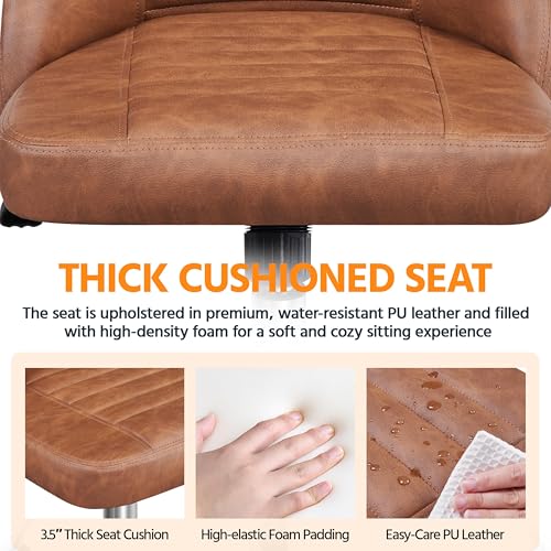 Yaheetech Retro Brown Faux Leather Armless Swivel Rolling Vanity Desk Chair | Compact faux leather seat fits small vanity, sewing or office desks; adjustable height, swivels on smooth wheels, fast setup. - color: Retro Brown