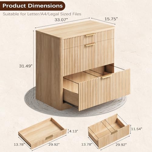 Lateral File Cabinet with 3 Drawers, Natural Oak Fluted Filing Cabinet | Fluted File Cabinet for Letter/Legal/A4 Size Hanging Files, Large Wood File Storage Cabinets Printer Stand for Home Office